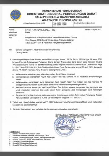 Gunakan Jasa Penyebrangan Wajib Melampirkan Surat Keterangan Rapid Test Antigen dan GeNose 19
